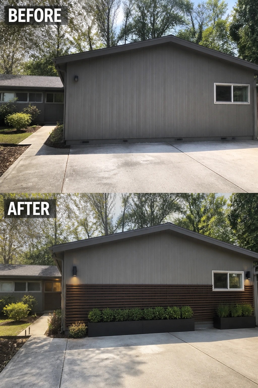 Before-and-after image of a blank garage facade updated with horizontal wood slats, long planter boxes, and added exterior lighting.