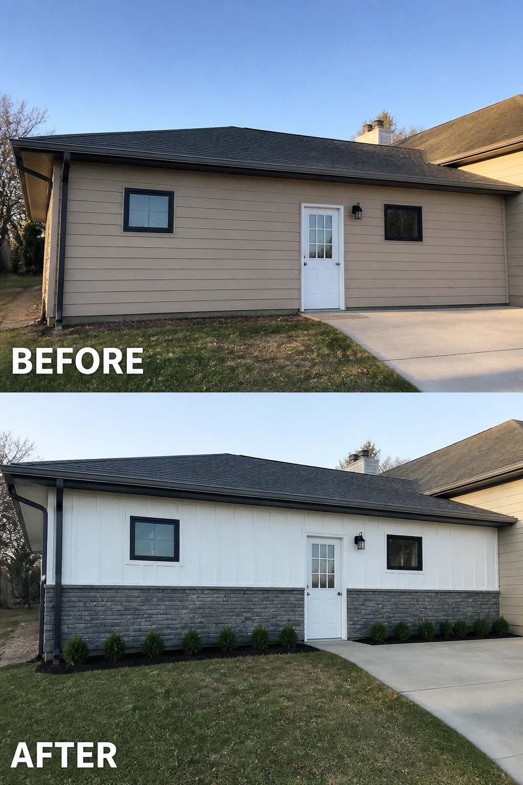 Before-and-after image of an attached garage wall updated from plain beige horizontal siding to white vertical siding above a gray stone veneer base with new trim and a row of small shrubs.