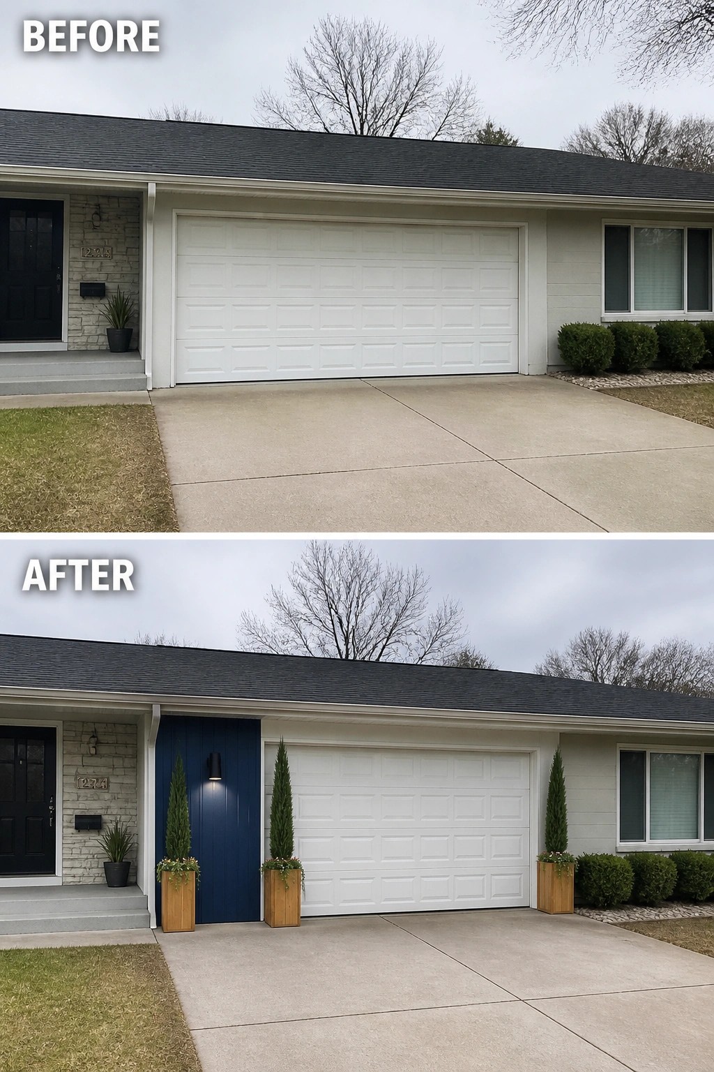Before-and-after image of a house exterior where a plain attached garage receives a narrow painted vertical accent panel, a wall sconce, and tall planters.