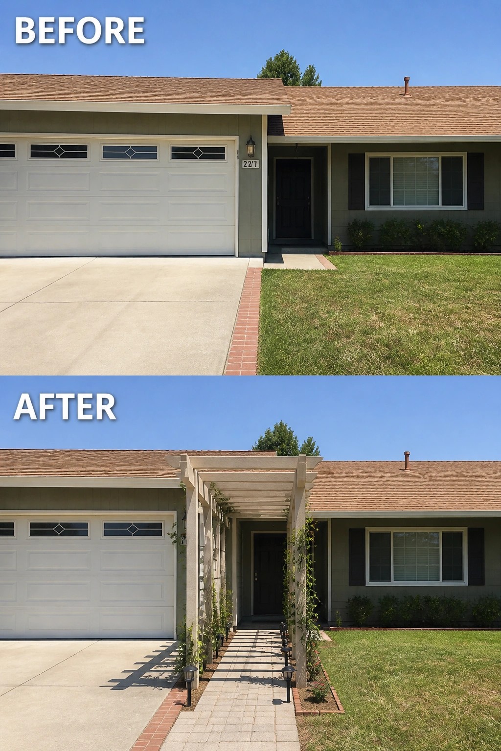 Before-and-after image of a plain front entry updated with a