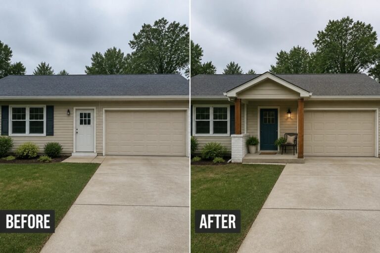 16 Clever Ranch Exterior Ideas That Break Up an Attached Garage Facade Before-and-after image of a plain house entry updated with a small covered porch with columns and a newly painted front door.