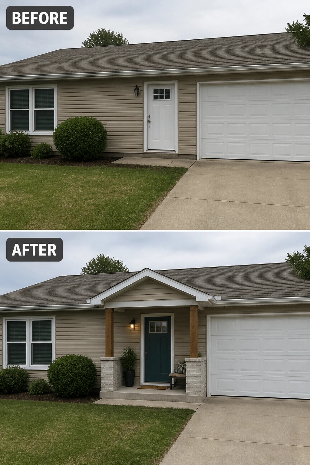 Before-and-after image of a plain house entry updated with a small covered porch with columns and a newly painted front door.