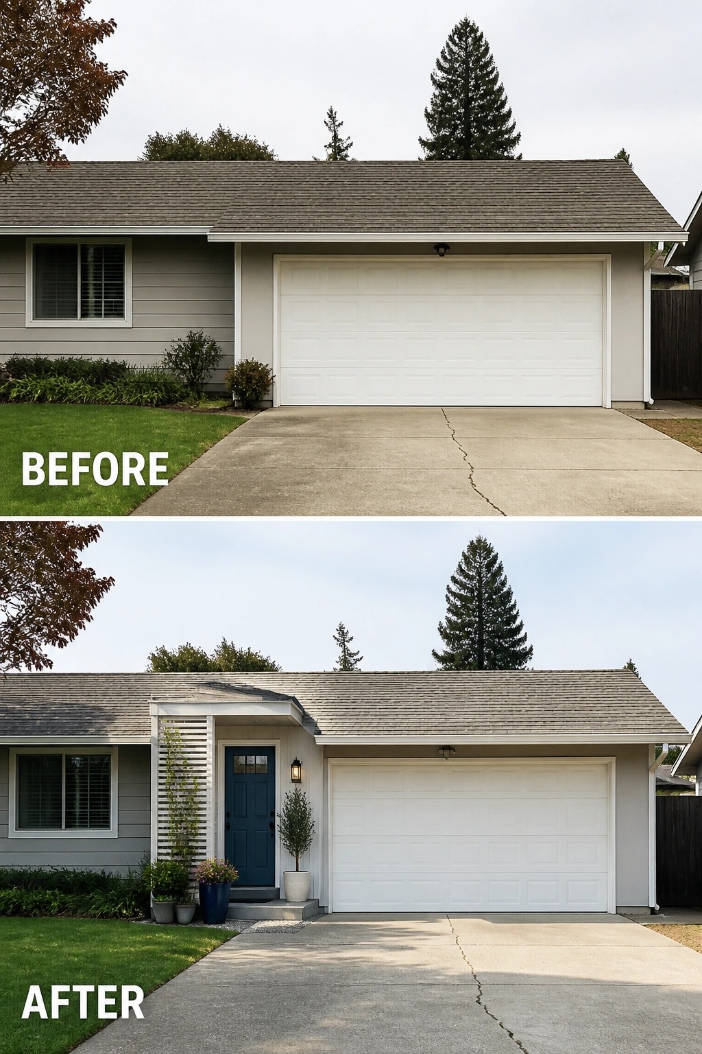 Before-and-after image of a ranch house where a plain garage facade is updated with a recessed entryway featuring a blue front door, a vertical slat screen, and potted plants.