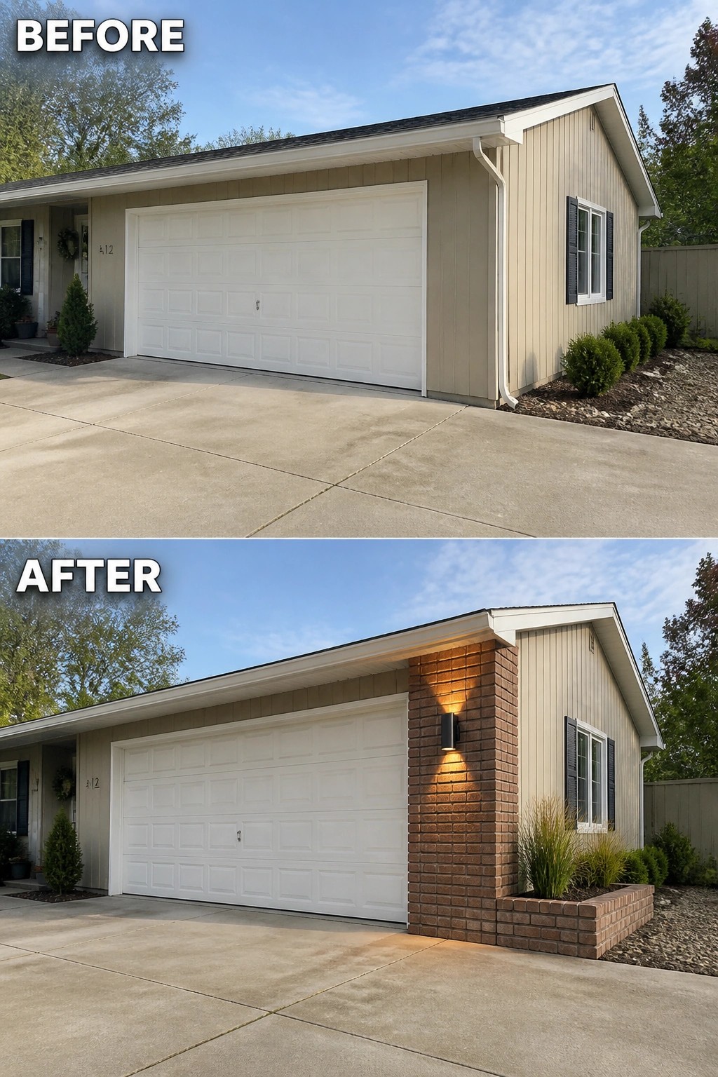 Before-and-after image of a plain attached garage updated with a brick column and low brick planter added to break up the facade.