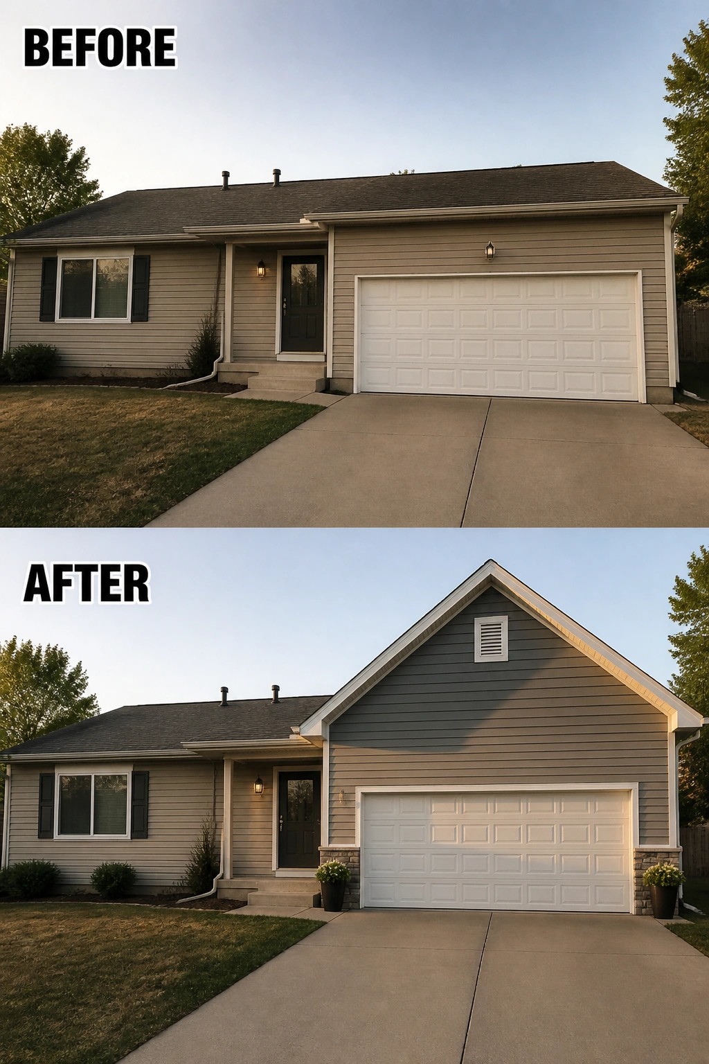 Before-and-after image of a house where a plain attached garage is updated with a gable, added trim and stone base, and flanking planters.