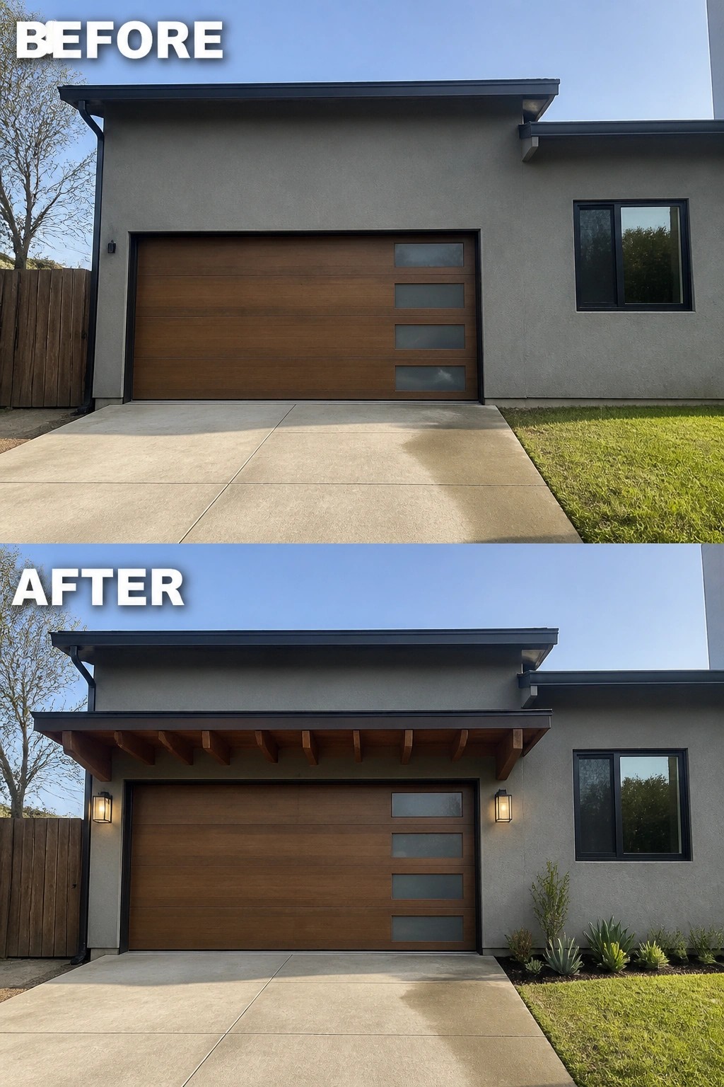 Before-and-after image of an attached garage where a shallow wooden beam overhang, exterior wall lights, and a planted border were added to the facade.