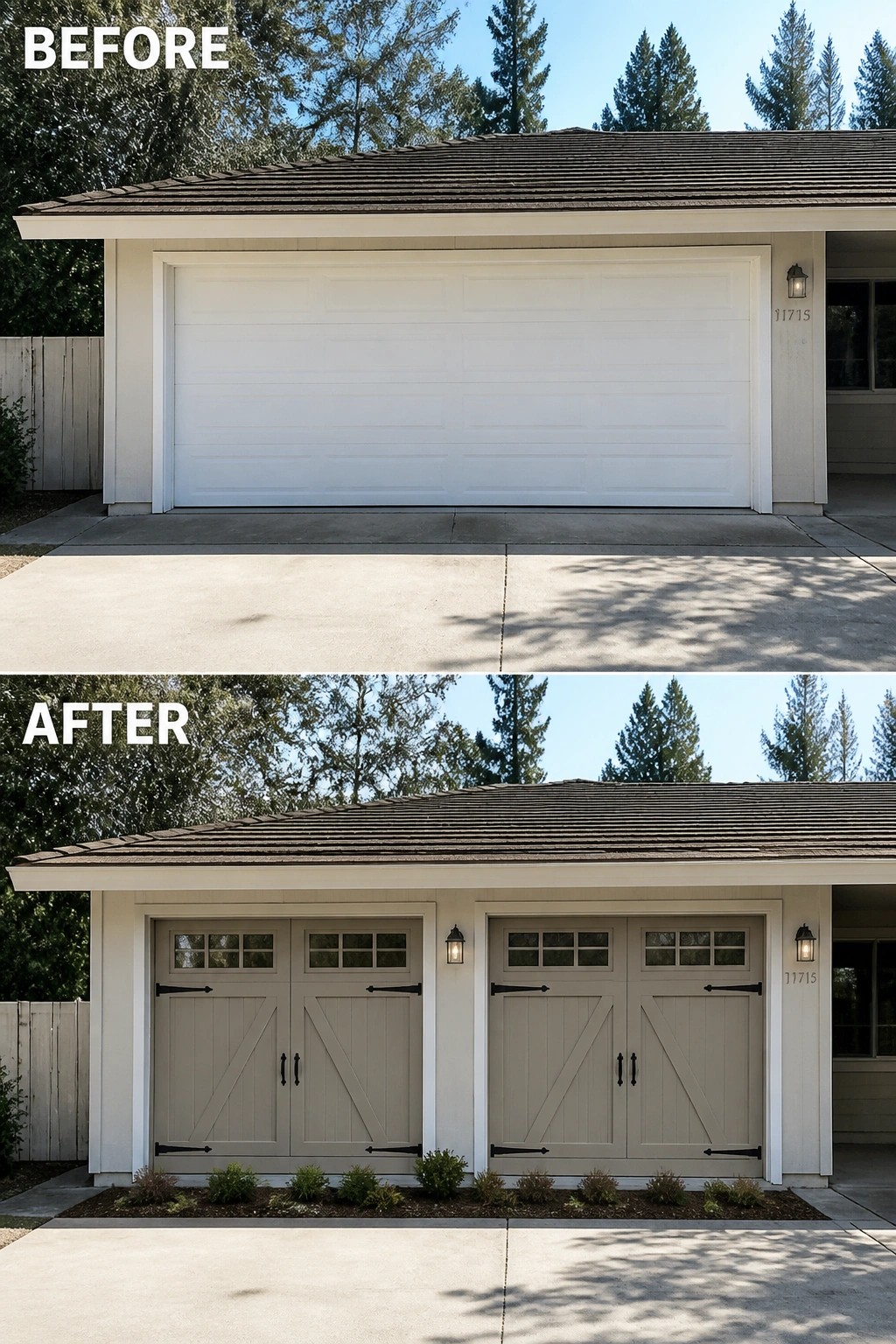 Before-and-after image of a plain single garage door replaced with two carriage-style doors, added lanterns, and a narrow planted bed.