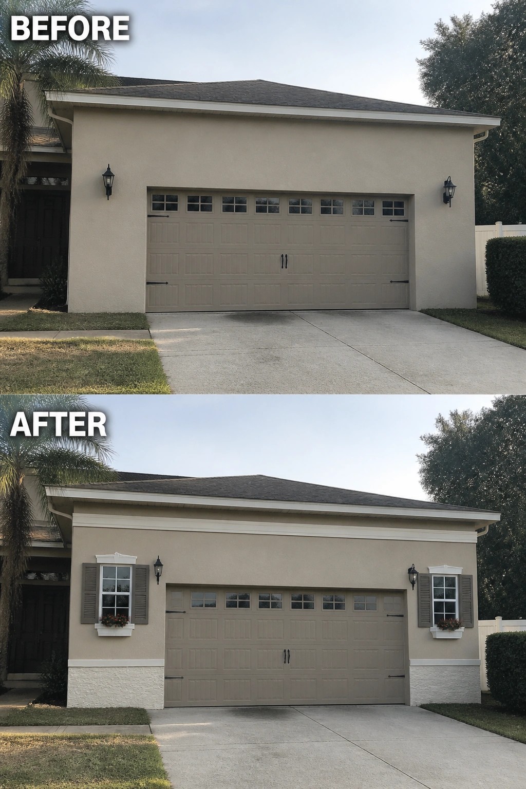 Before-and-after image of a plain garage facade updated with applied trim, faux windows with shutters and window boxes, and a textured lower band.