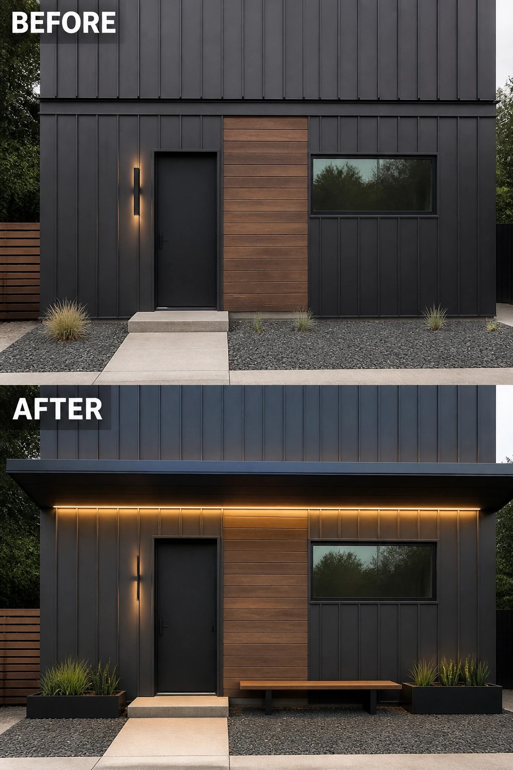 Before-and-after image of a narrow house facade updated with a shallow horizontal canopy and continuous warm linear lighting, plus a low bench and planters.