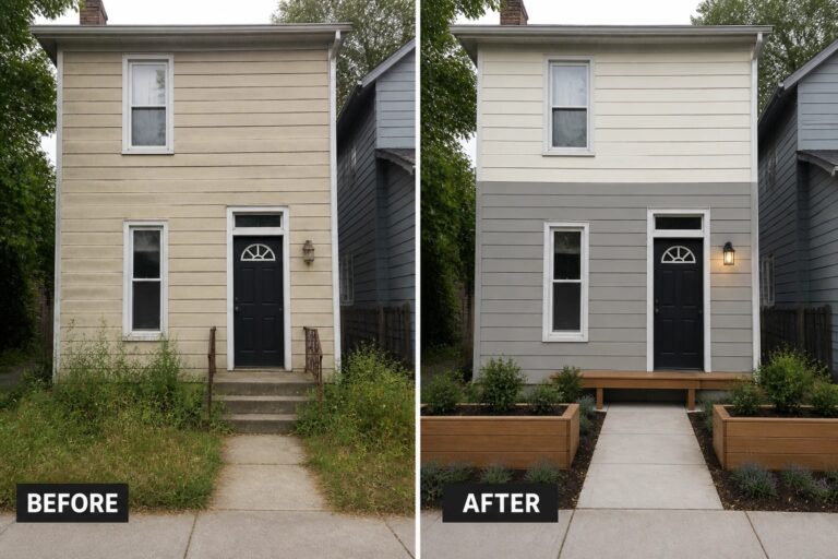 11 Clever Small House Exterior Ideas That Make Narrow Facades Feel Wider Split before and after: small house now white-gray with black door, wooden planters, concrete path
