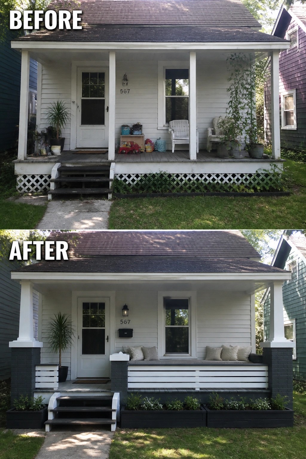 Before-and-after image of a small front porch updated from cluttered to a defined sitting area with a long bench, painted pier bases, and low planter boxes.