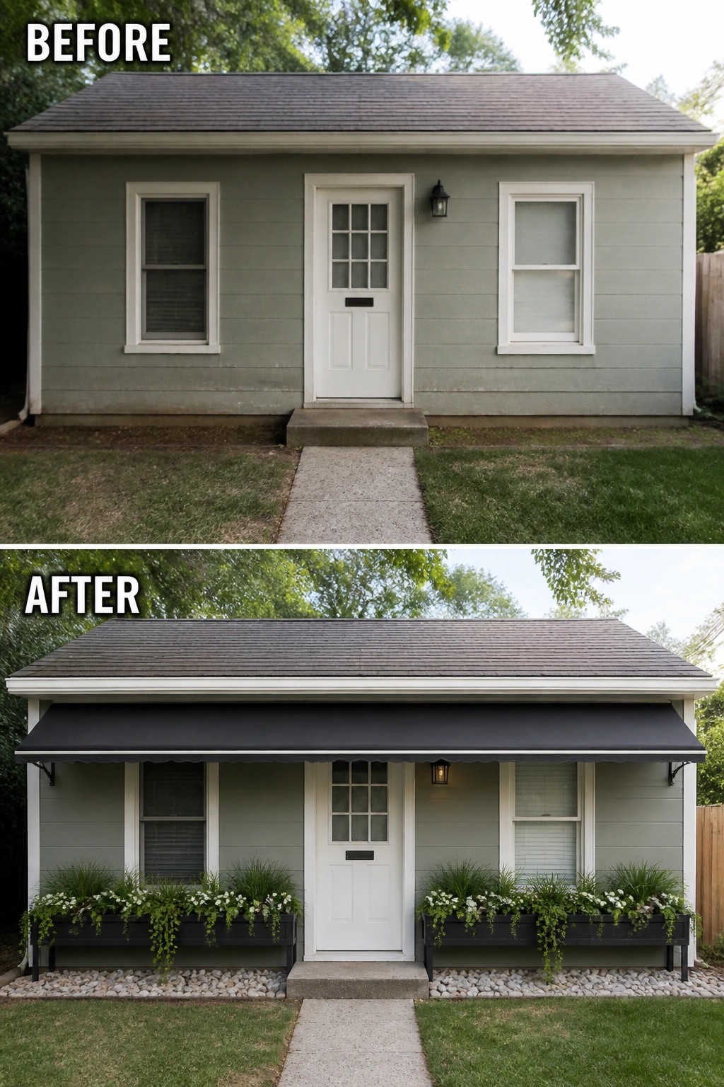 Before-and-after image of a small house front where a plain facade is updated with a full-width horizontal awning and long planter boxes to make the front appear wider.