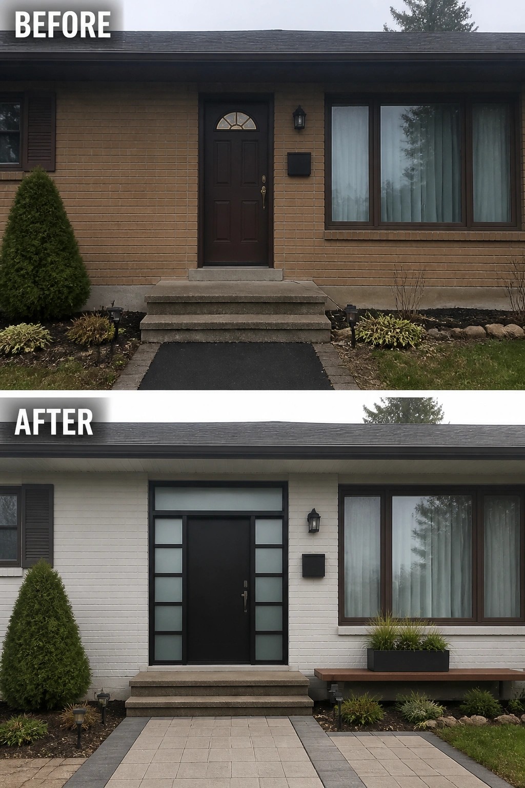 Before-and-after image of a home's front entry where dark brick and a small door are repainted white and replaced with a black door framed by frosted sidelights.