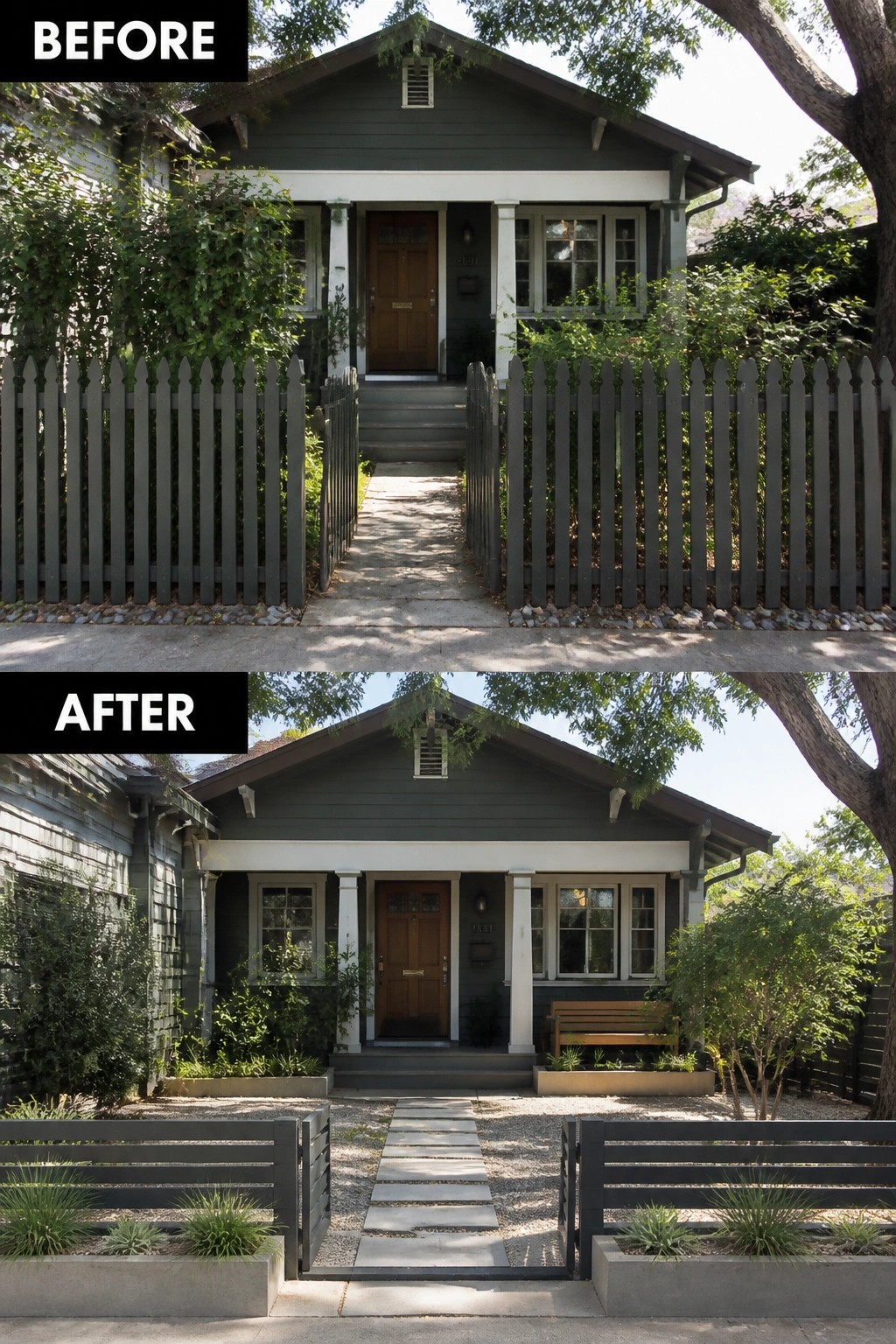 Before-and-after image of a narrow house front where a tall picket fence and overgrown shrubs were replaced by a low horizontal slatted fence, stepping-stone path, gravel, and simple planters.