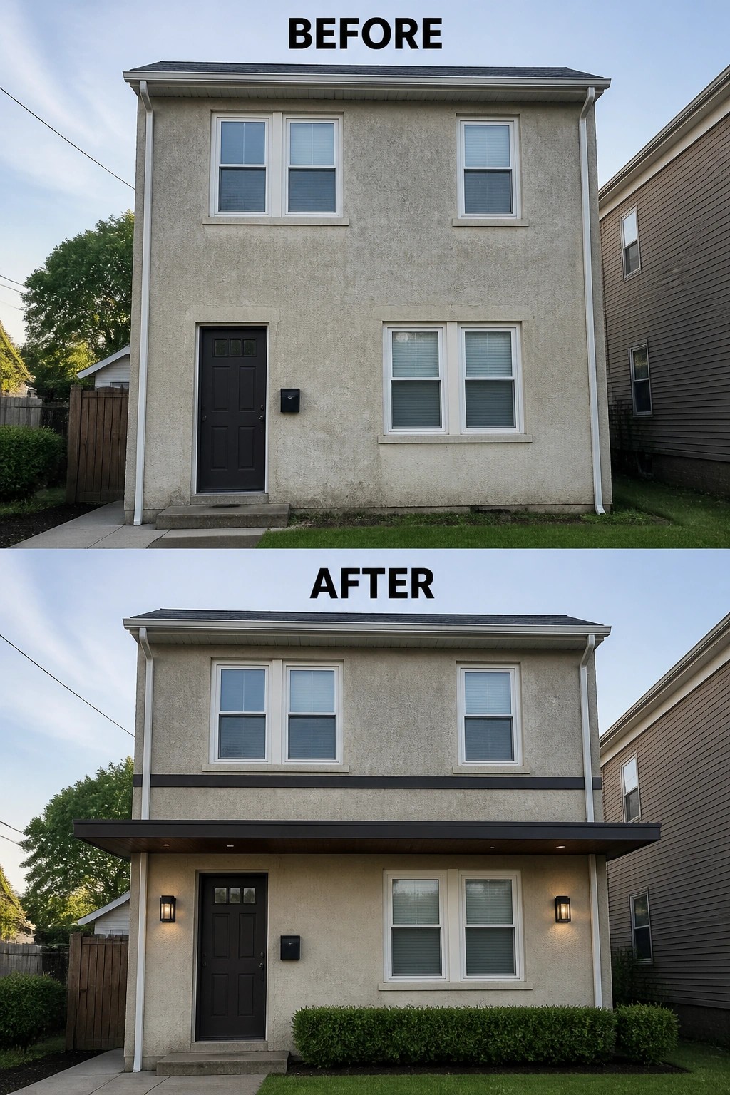 Before-and-after image of a narrow two-story house updated with a wide horizontal canopy, dark trim band, added exterior lights, and a low hedge at the entry.