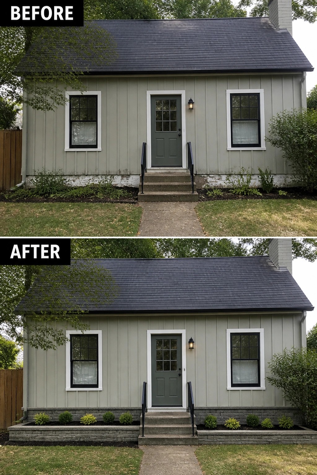 Before-and-after image of a narrow house facade updated with a low stone planter bed and small shrubs along the foundation.
