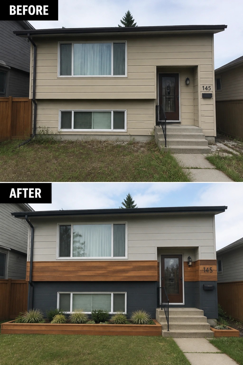 Before-and-after image of a split-level front facade updated with a mid-level horizontal wood band, darker painted lower wall, and a new low planter box.