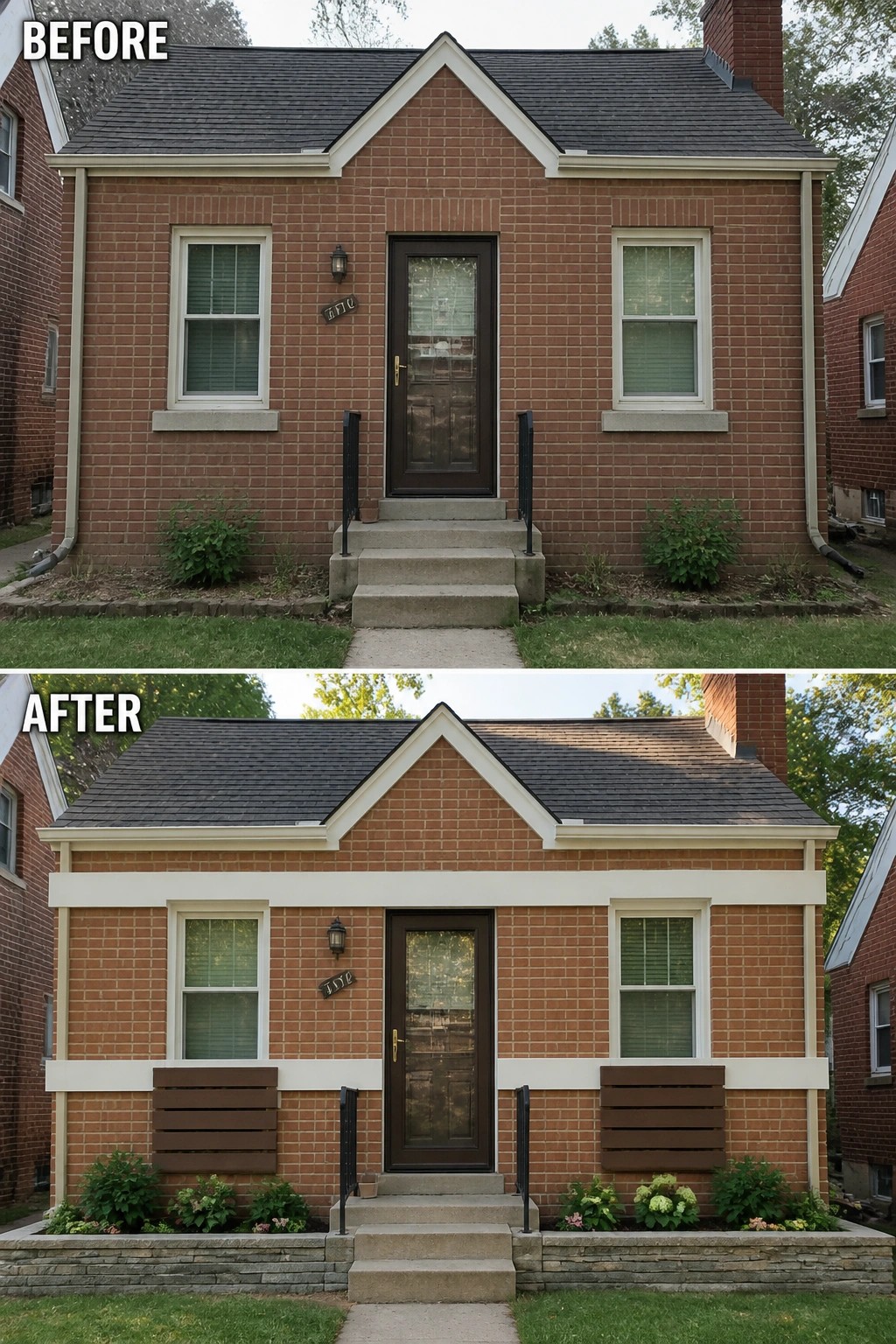 Before-and-after image of a narrow brick house front updated with contrasting horizontal trim bands and low raised planters and planter boxes to visually widen the facade.