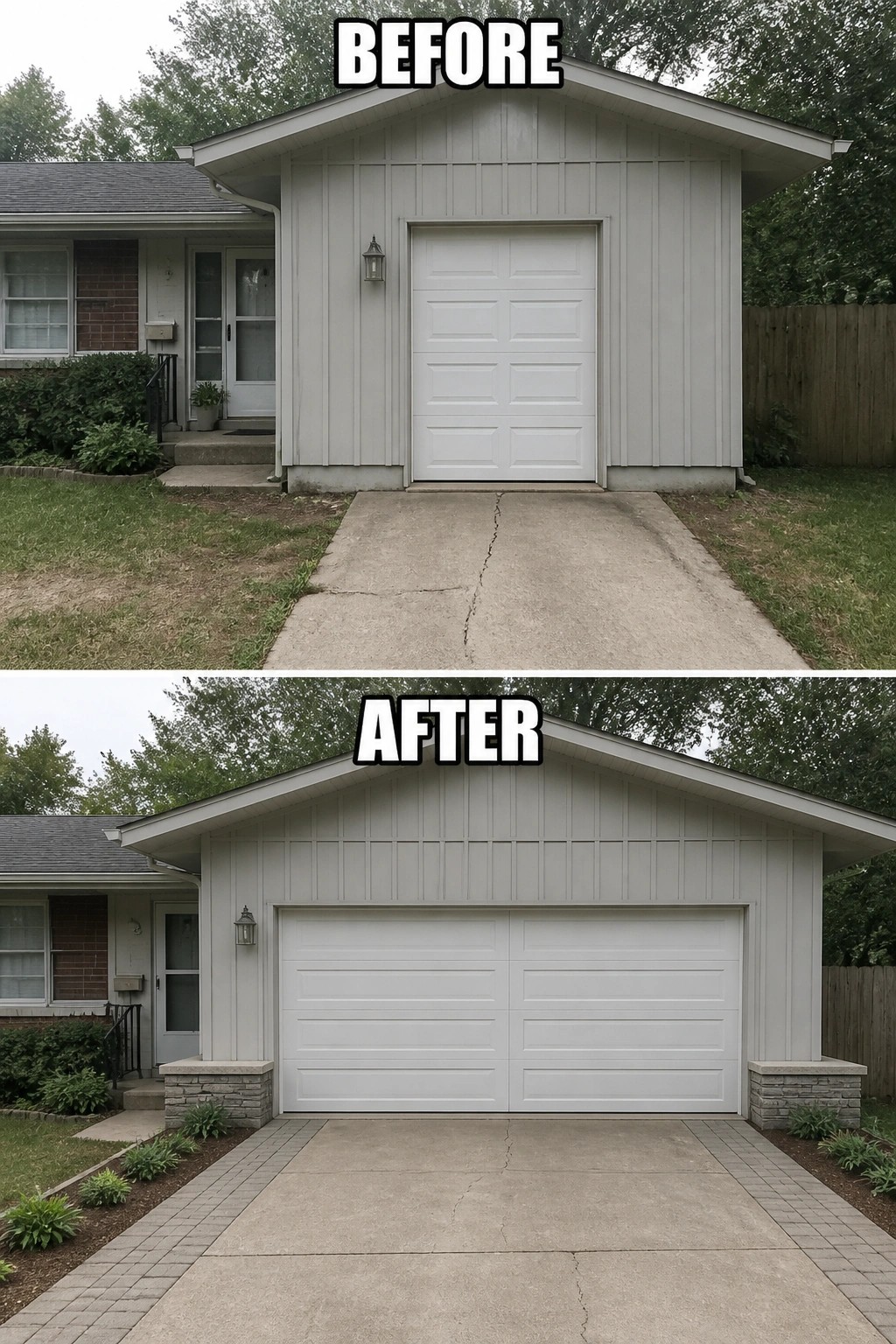 Before-and-after image of a small house front where a narrow single garage and plain driveway were replaced with a wider flush garage door, low stone planters, and paver edging.