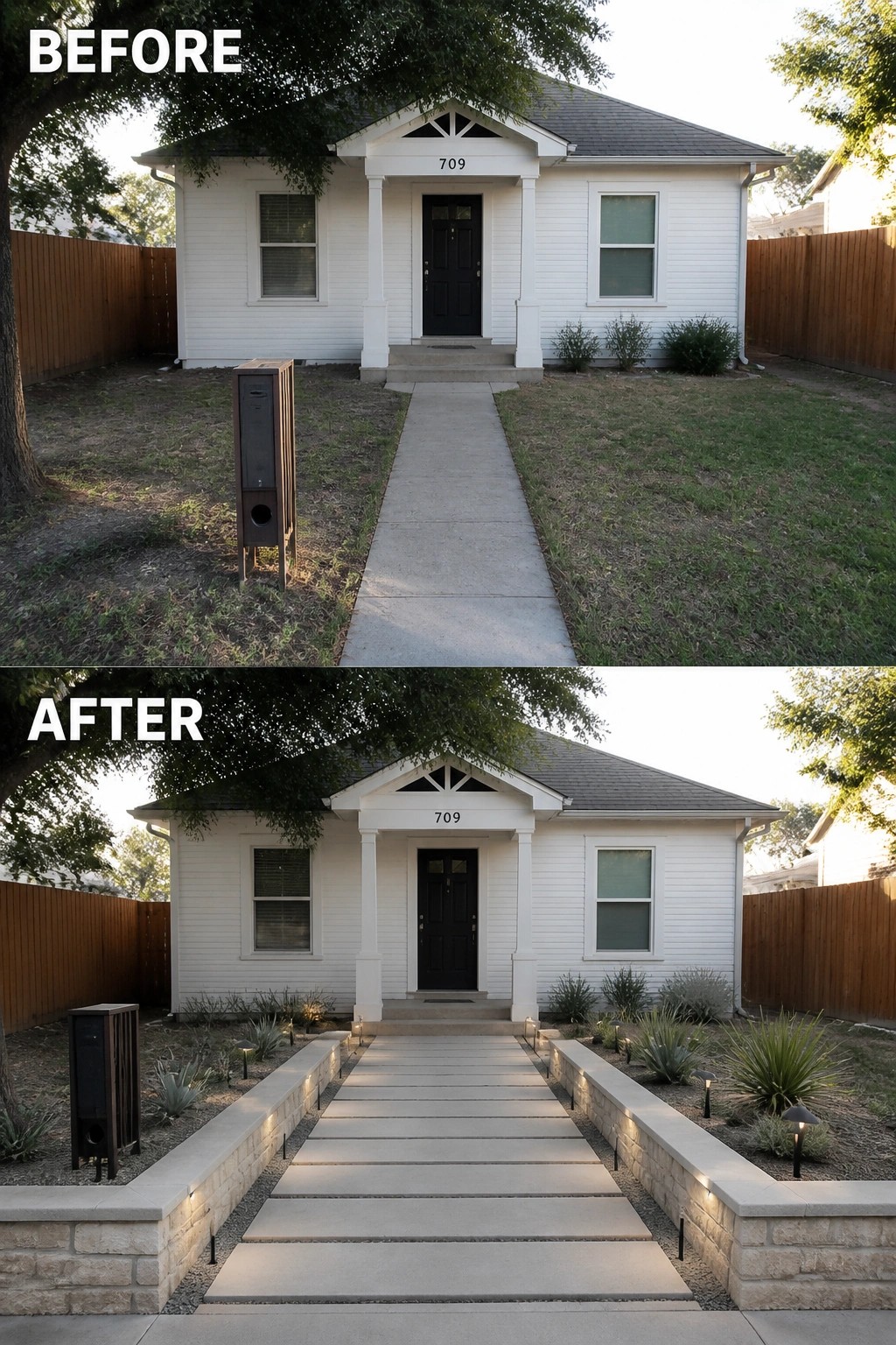 Before-and-after image of a small front yard where a plain narrow concrete path and patchy grass are replaced by a wide slab-paver walkway with low stone walls, planted beds, and pathway lighting.