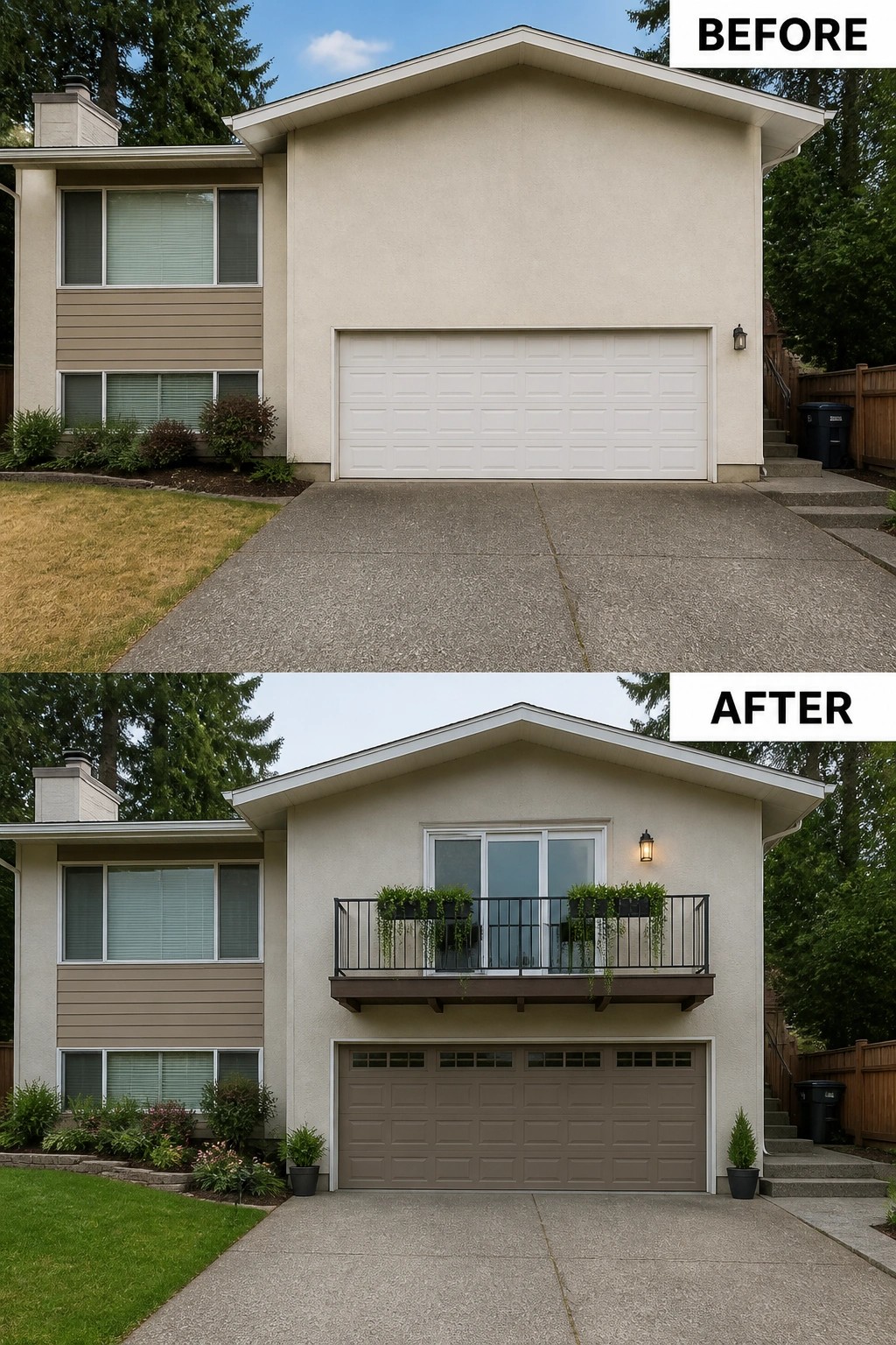 Before-and-after image of a split-level home's garage-dominant facade updated with a small balcony, railing, planter boxes, and a new garage door color.