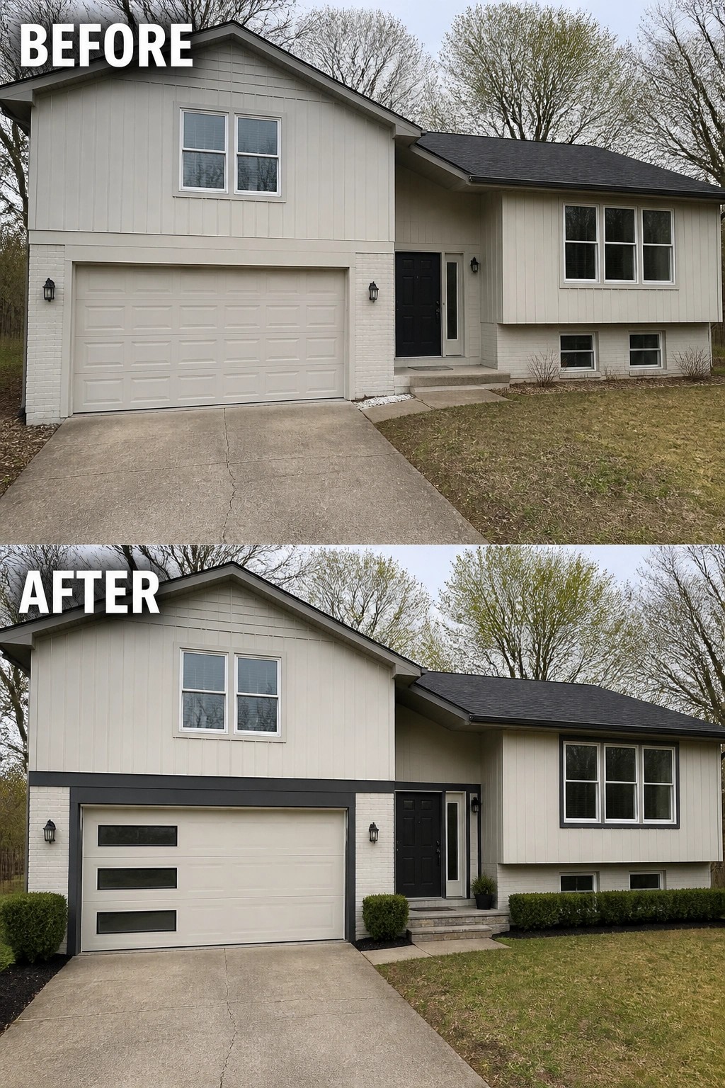 Before-and-after image of a split-level house where the plain garage-dominant facade is updated with a darker trim band, a modern garage door with horizontal windows, and low shrubs.