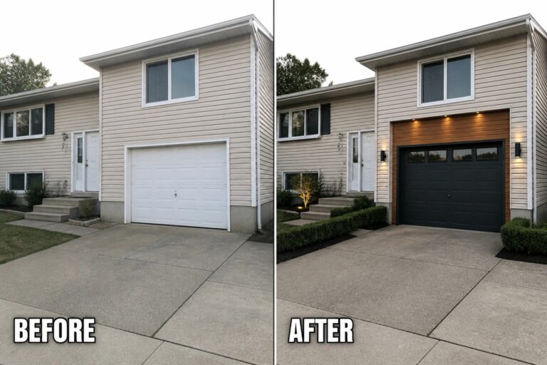 Split before-and-after of beige house: plain garage versus black door, wood accent, lighting, landscaping.