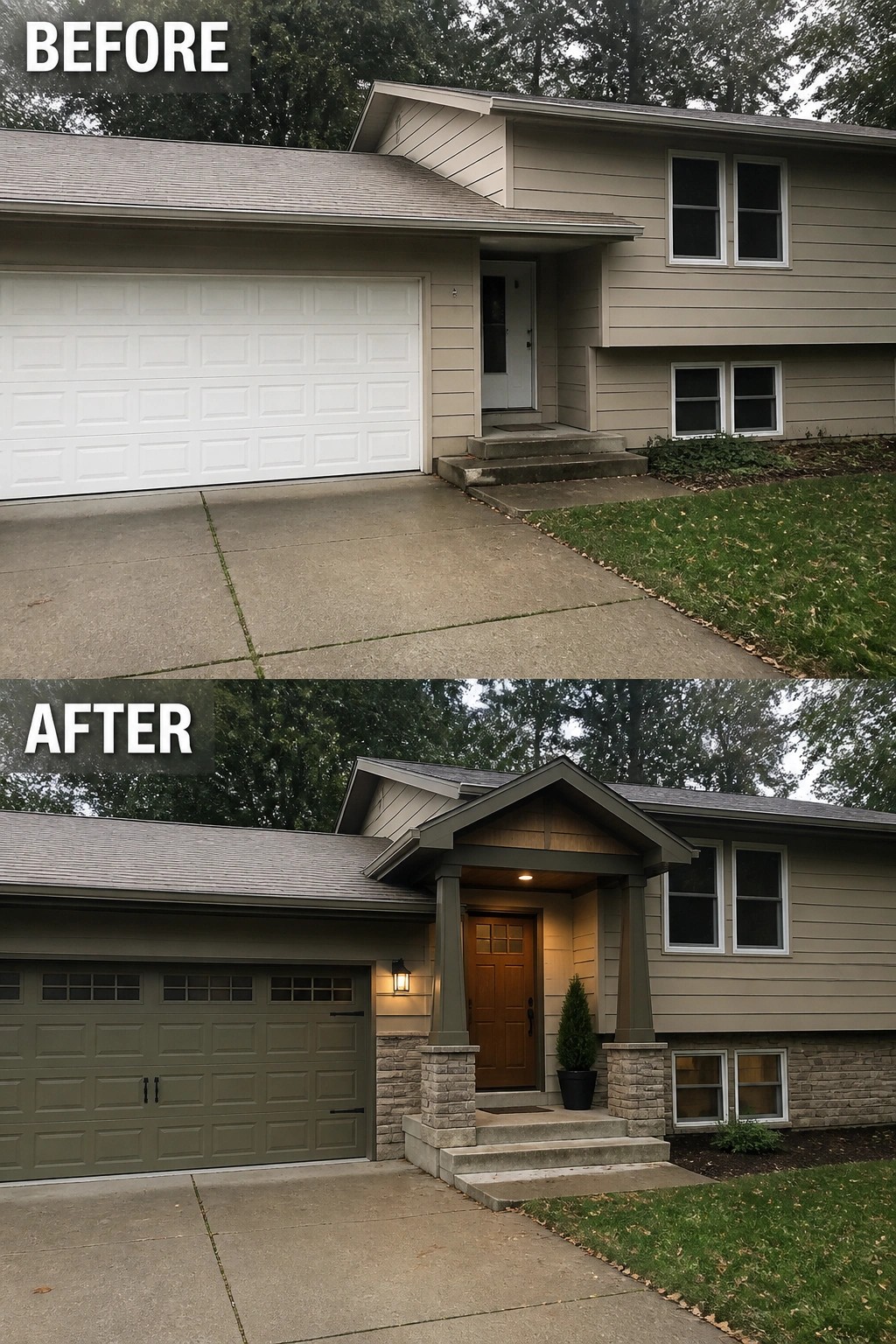Before-and-after image of a split-level house where a plain garage-dominant facade is updated with a small gabled front porch, stone column bases, a new front door, exterior lighting, and an updated garage door.
