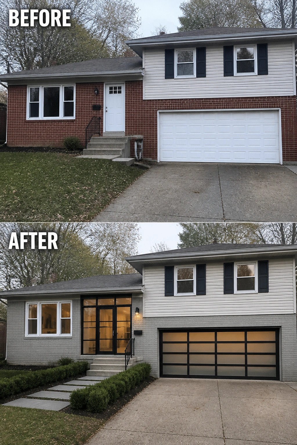 Before-and-after image of a split-level house where a garage-dominant facade is updated with a tall framed glass entry, painted brick, a modern frosted-panel garage door, and a new path with low hedges.