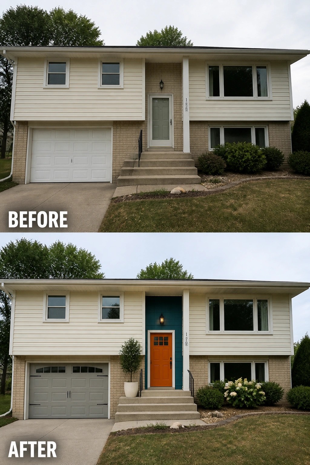 Before-and-after image of a split-level front facade updated by painting the recessed entry wall teal, adding a bright orange front door, changing the garage door to a neutral gray, and placing a large planter by the steps.