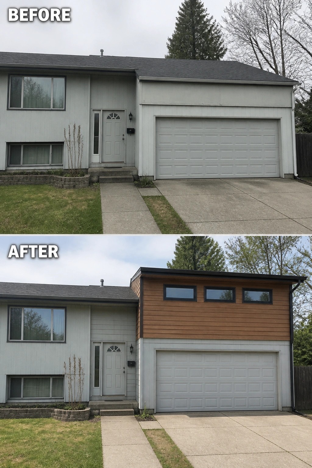 Before-and-after image of a split-level home where a plain garage facade is updated with a wood-clad upper box and horizontal clerestory windows above the garage.