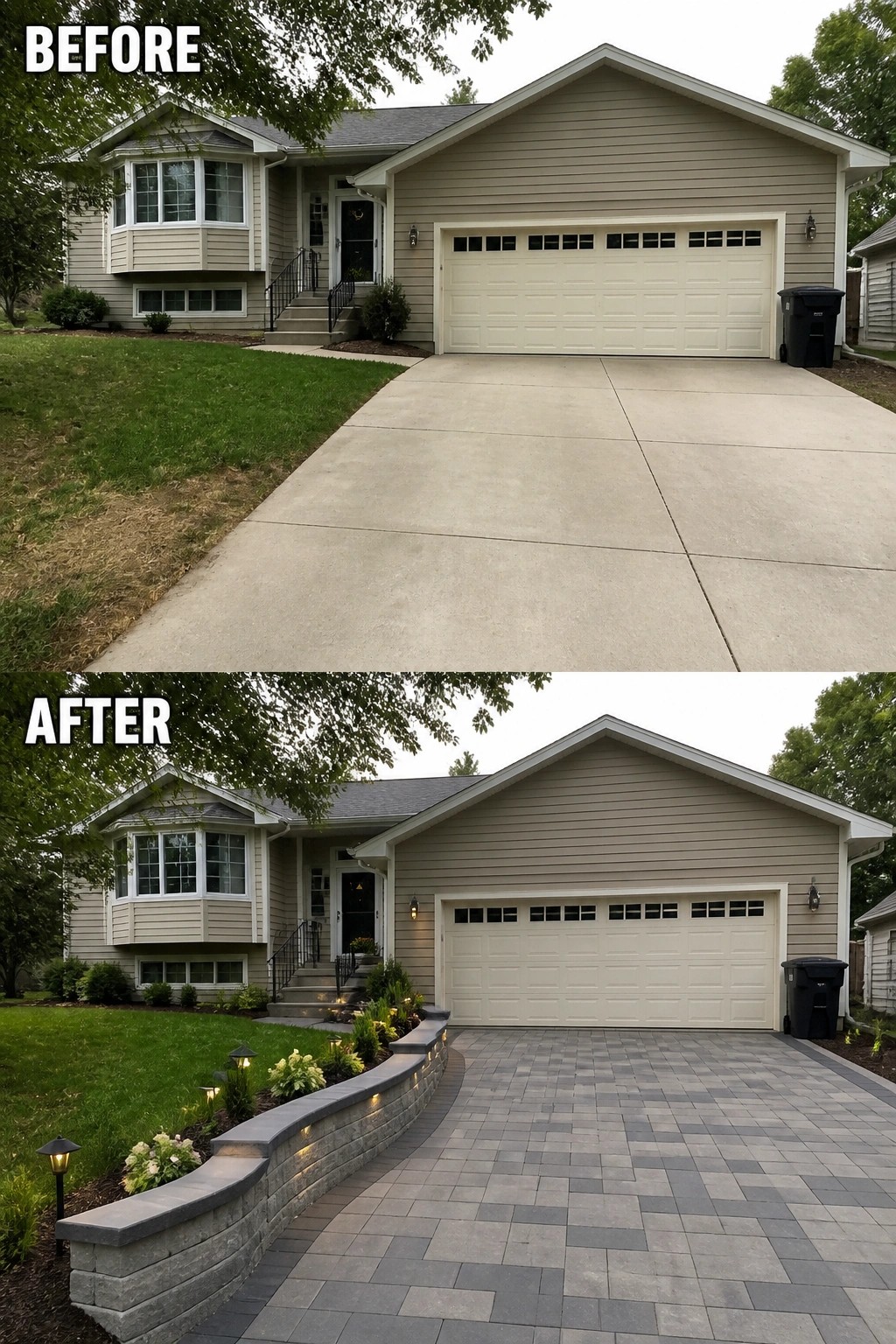 Before-and-after image of a plain concrete driveway replaced by a patterned paver driveway with a curved low retaining wall, planted beds, and integrated lighting.