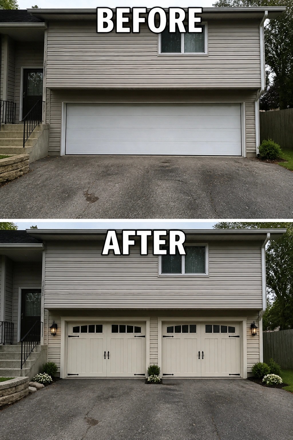Before-and-after image of a split-level house where one plain wide garage door is replaced by two carriage-style garage doors with trim, iron hardware, wall lanterns, and small planters.