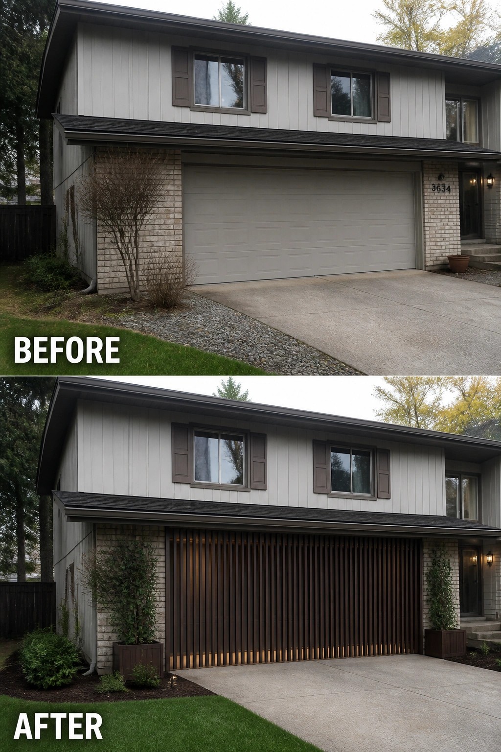 Before-and-after image showing a plain garage door replaced by a vertical slatted wood screen with planters and low lighting to reduce the garage-dominant facade.