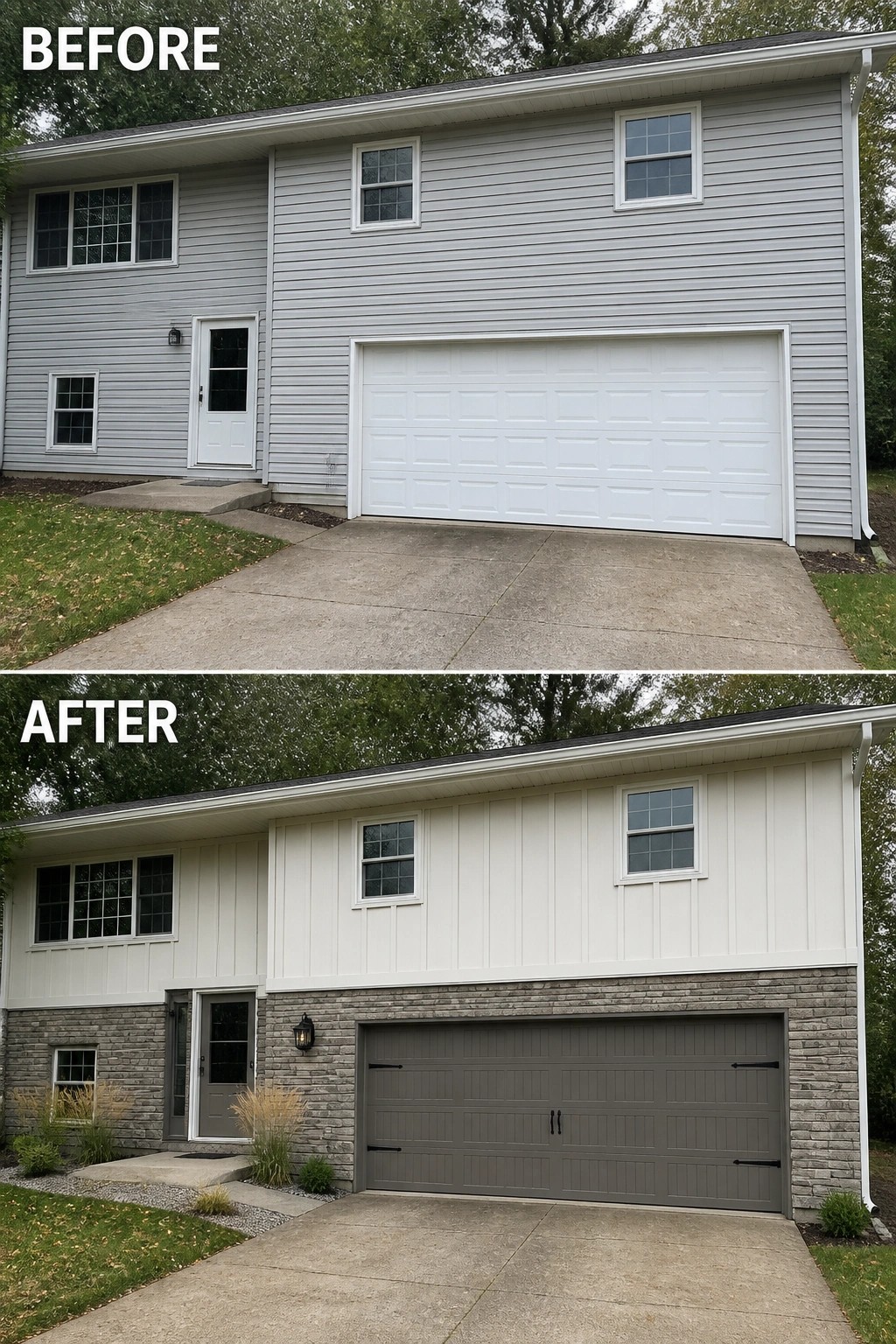 Before-and-after image of a split-level front where plain vinyl siding and a white garage are updated with a stone veneer lower facade and a darker carriage-style garage door.