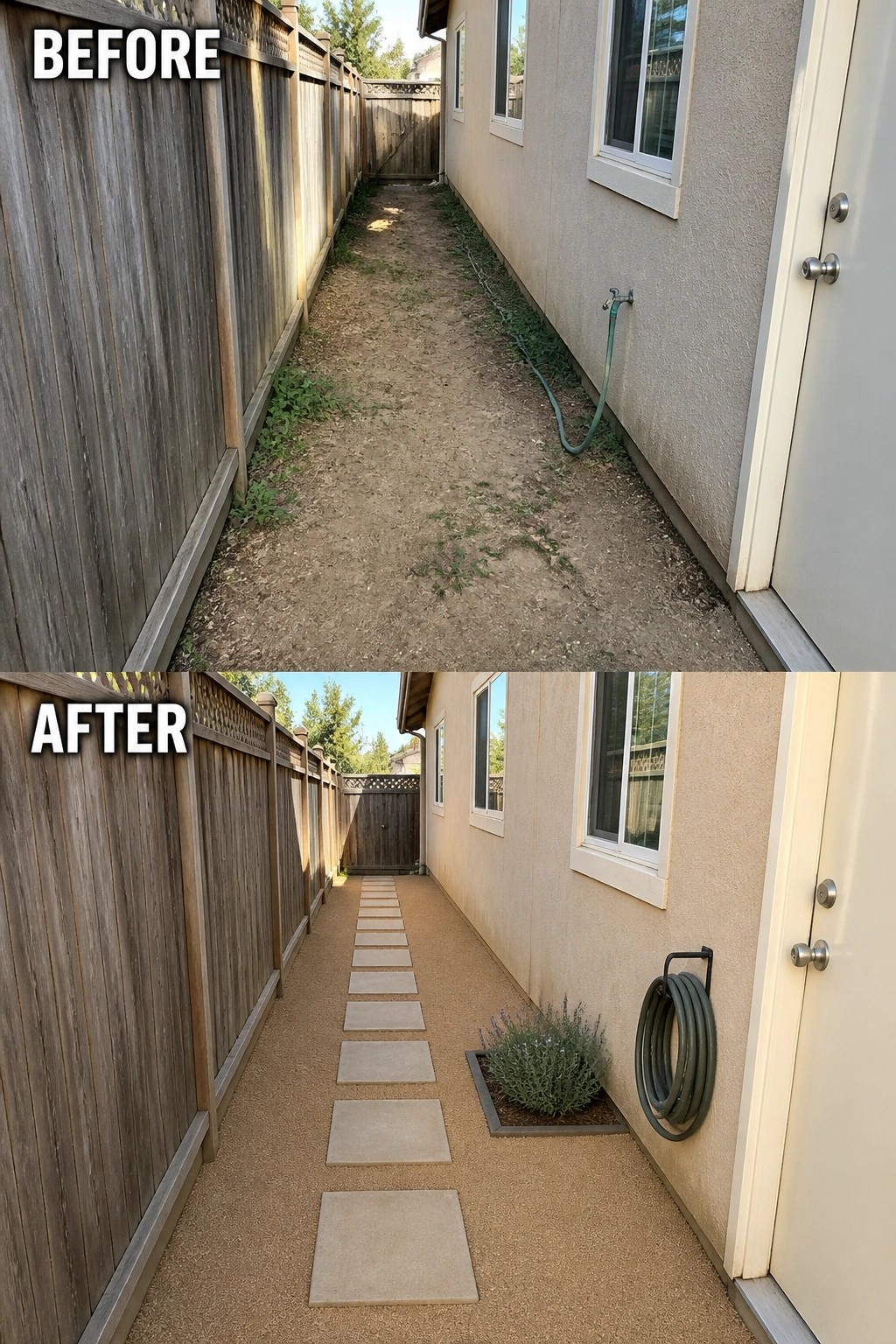 Before-and-after image of a narrow side yard changed from bare dirt with weeds into a tidy path with gravel, square stepping stones, a small planted bed, and a mounted hose reel.