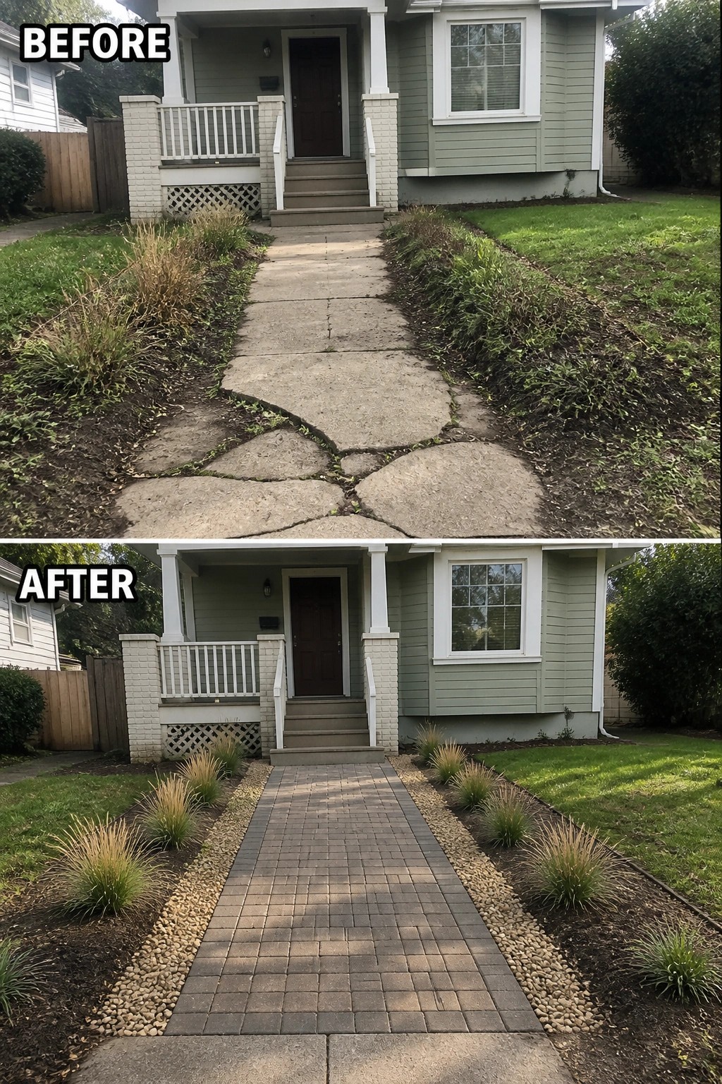 Before-and-after image of a front walkway where cracked concrete was replaced with pavers flanked by gravel strips and new ornamental grasses.