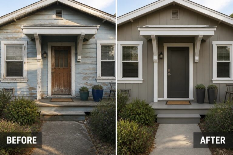 15 Low-Maintenance Small House Exterior Ideas for Easier Upkeep Before-and-after image of a small house exterior showing peeling painted siding replaced with new neutral siding, crisp white trim, a dark front door, and simple planters.
