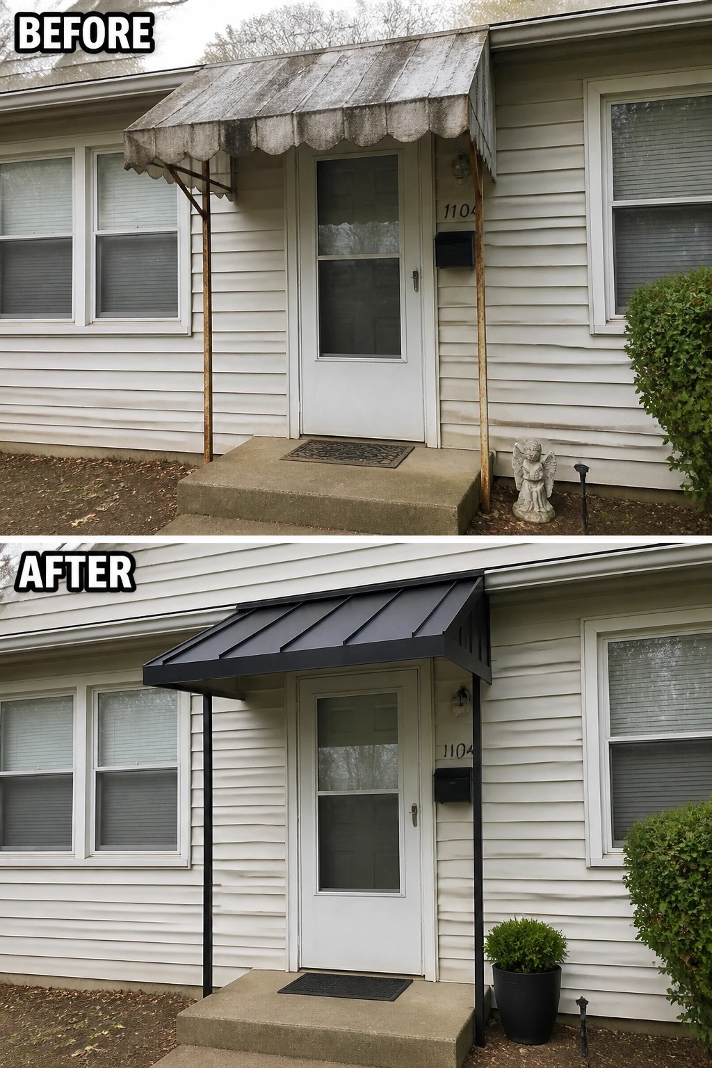 Before-and-after image of a front entrance where a worn fabric awning and rusty supports are replaced by a sleek black metal canopy with matching posts and a potted plant.