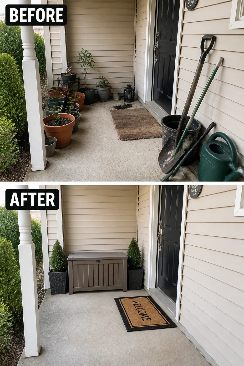 Before-and-after image of a small front porch changed from cluttered pots and tools to a tidy entry with a storage bench, two potted evergreens, and a welcome mat.