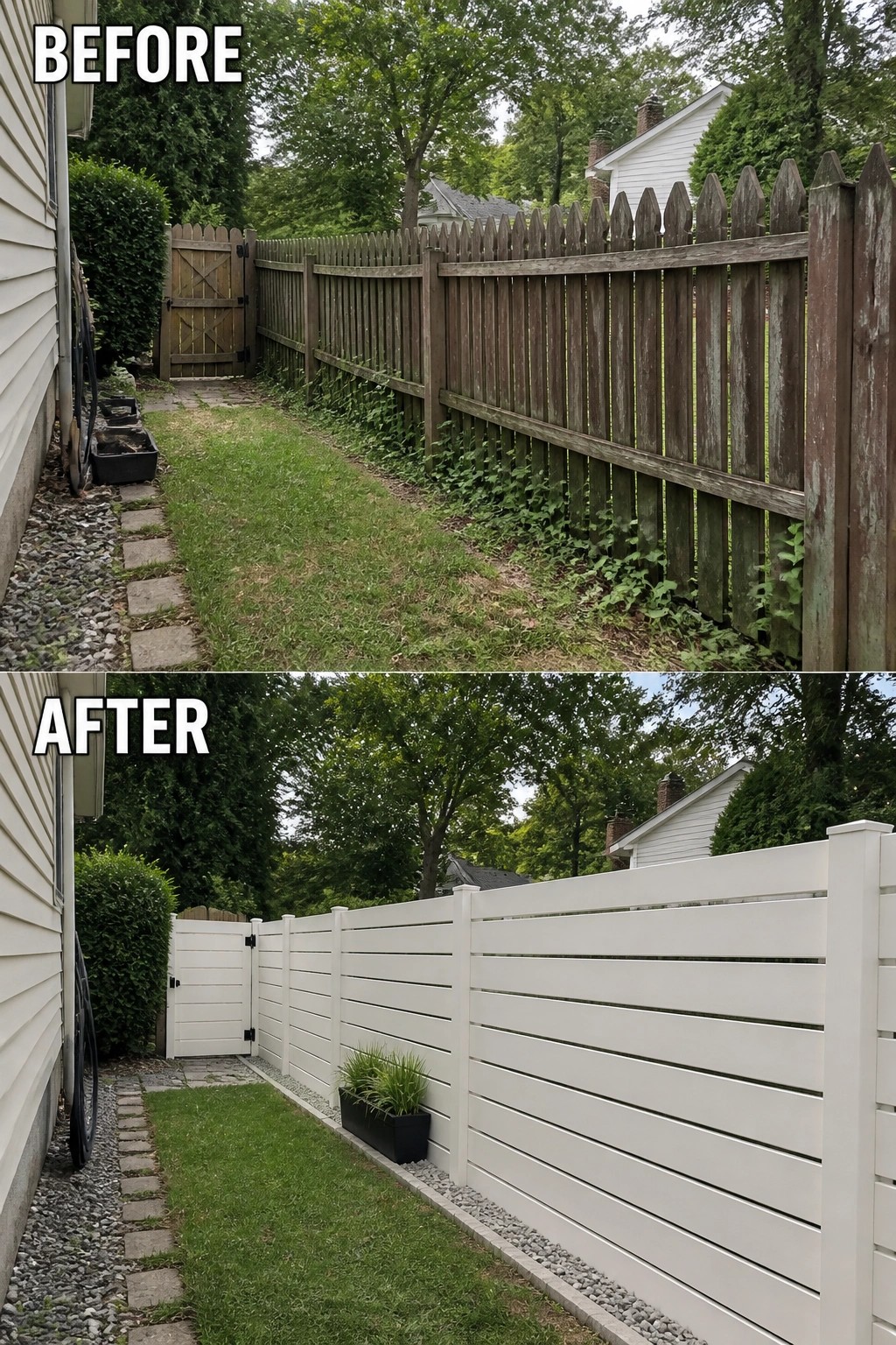 Before-and-after image of a narrow side yard where an old wooden picket fence is replaced by a white horizontal privacy fence with gravel edging.