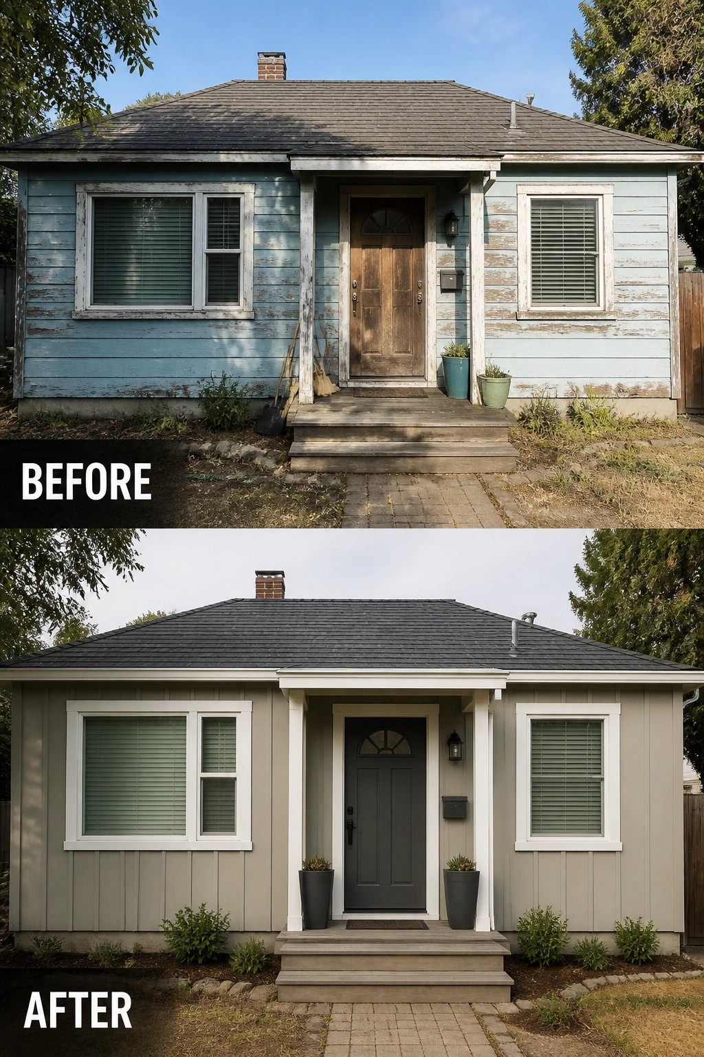 Before-and-after image of a small house exterior showing peeling painted siding replaced with new neutral siding, crisp white trim, a dark front door, and simple planters.