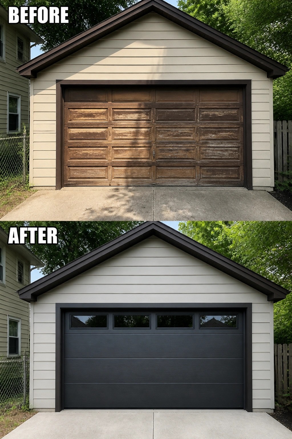 Before-and-after image showing a weathered wooden garage door replaced with a modern dark, paneled garage door with narrow windows across the top.