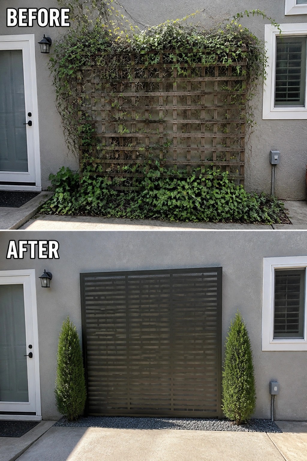 Before-and-after image showing an overgrown wooden trellis with climbing vines replaced by a sleek slatted metal screen flanked by two columnar evergreens and a gravel bed.
