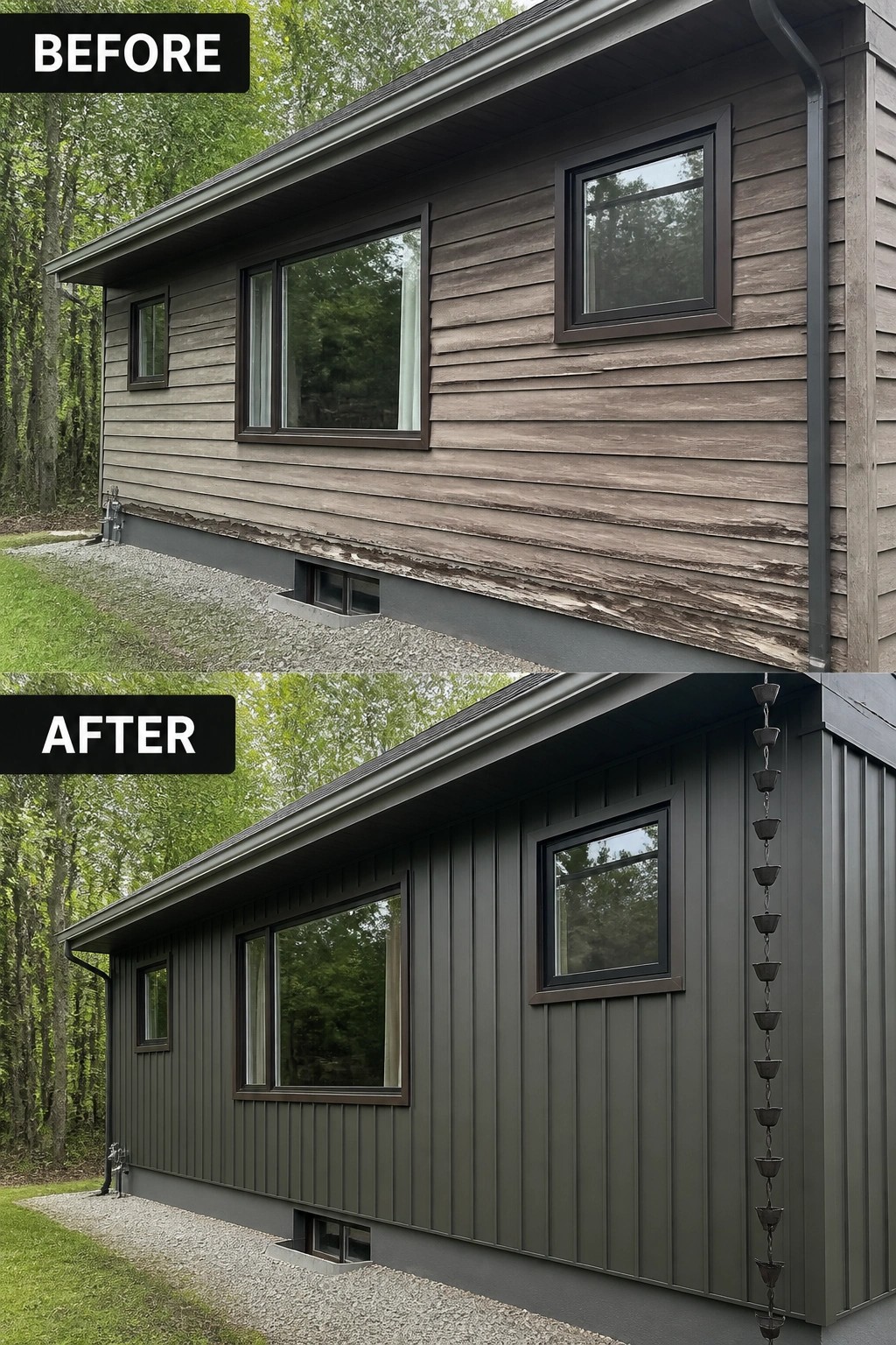 Before-and-after image of a house showing worn horizontal wood siding replaced with dark vertical metal siding.