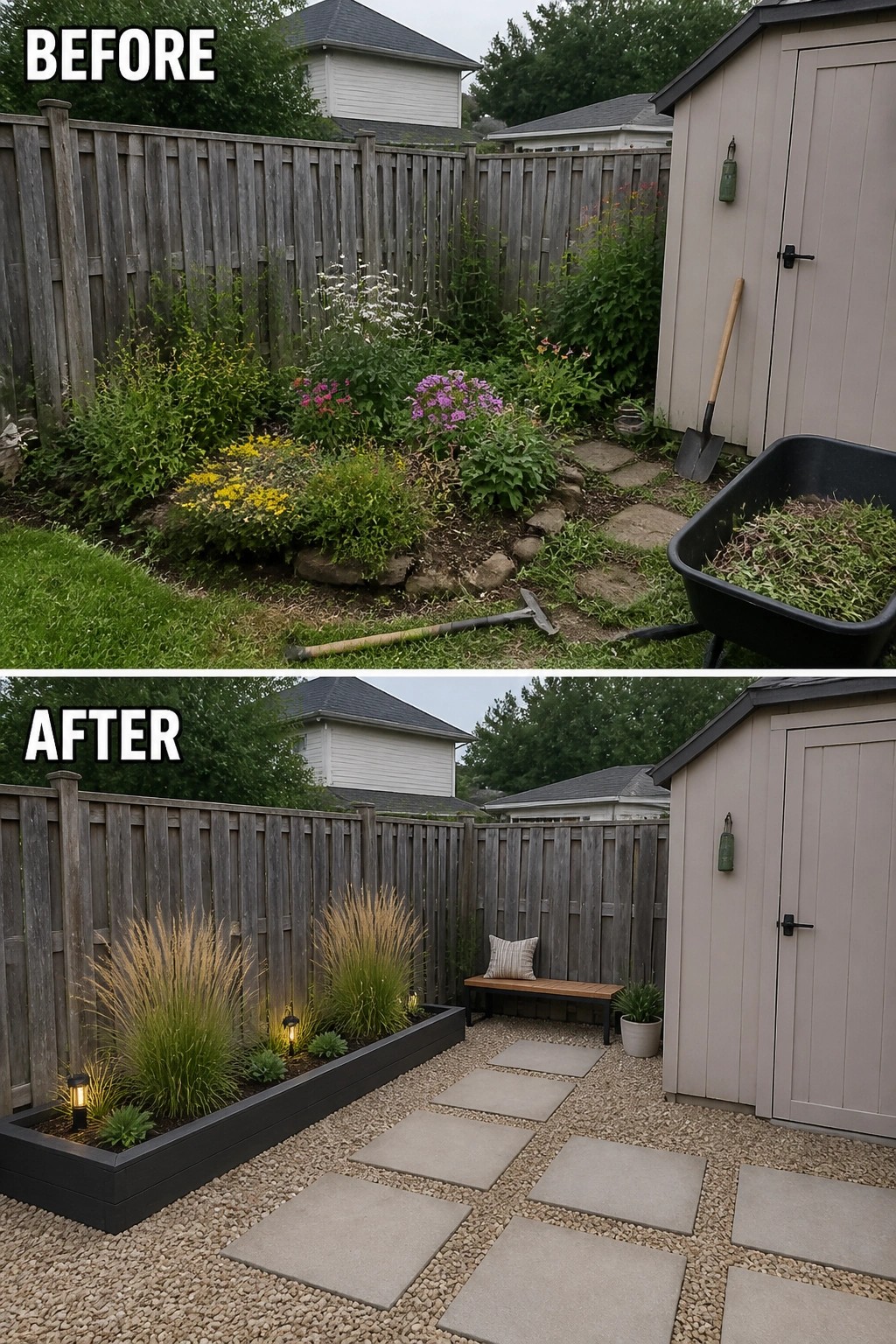 Before-and-after image of an overgrown backyard corner changed into a gravel patio with large square pavers, a raised planter, and a bench.