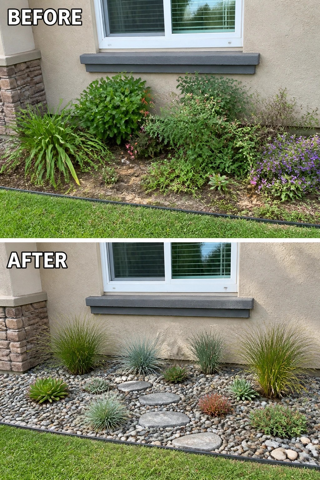Before-and-after image of an overgrown planting bed replaced by a pebble rock garden with ornamental grasses, succulents, and stepping stones.