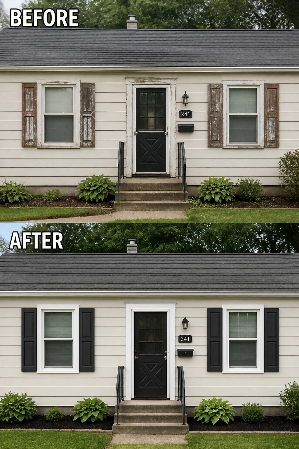 Before-and-after image of a small house exterior showing weathered shutters and trim replaced with freshly painted black shutters and white trim around the door and windows.