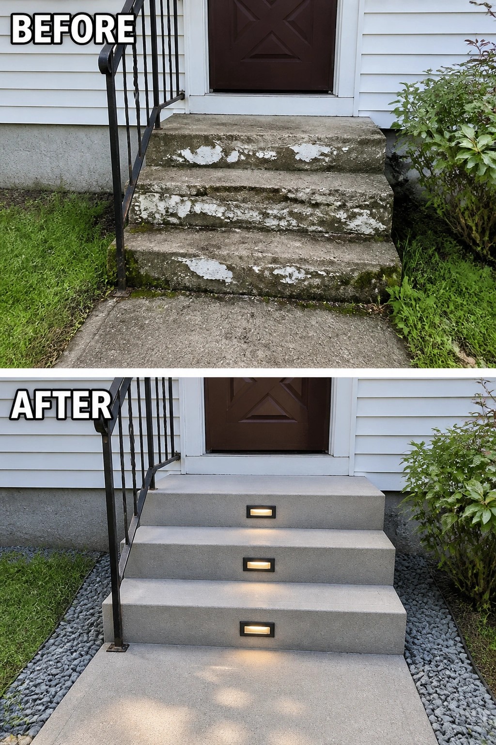 Before-and-after image of a front entry showing chipped concrete steps replaced with smooth resurfaced steps fitted with recessed step lights and gravel edging.