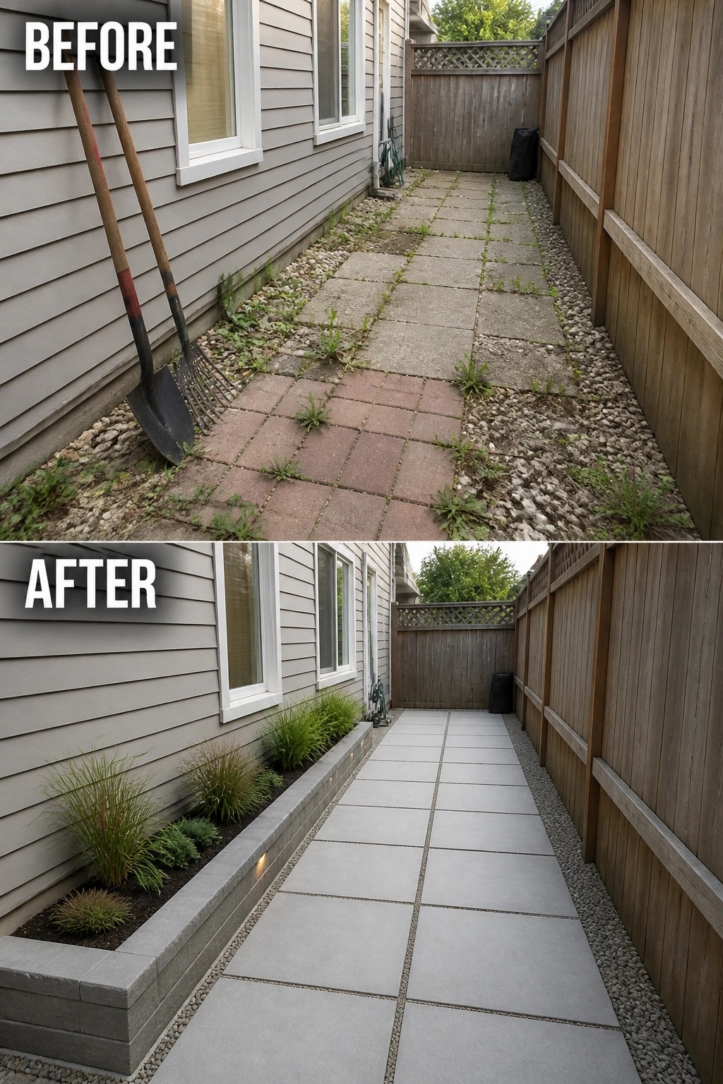 Before-and-after image of a narrow side yard where overgrown, uneven paving was replaced with large square pavers, gravel joints, and a raised planting bed.